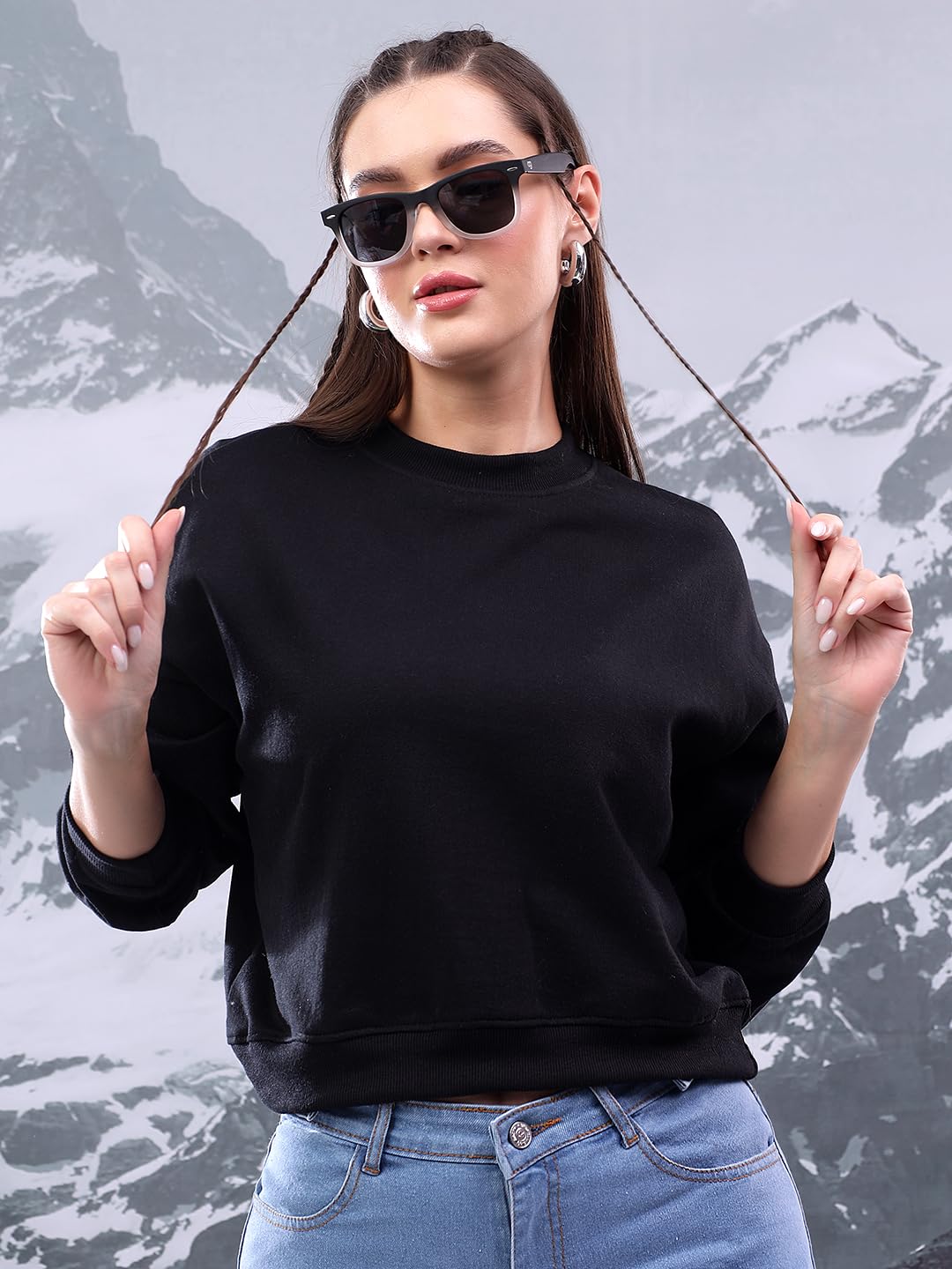 Kotty WomenS Fleece Sweatshirt Solid Pattern With Classic Round Neck(Black,S)