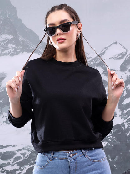 Kotty WomenS Fleece Sweatshirt Solid Pattern With Classic Round Neck(Black,S)