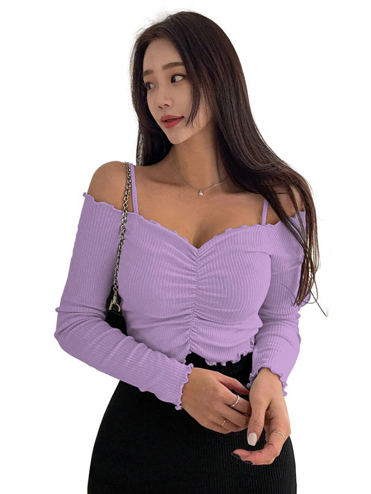 Sugathari Womens Purple Solid Colour Open Cold Off Shoulder Long Sleeve Lettuce Hem Casual Autumn Trim Tight- Slim Fitting Ruch