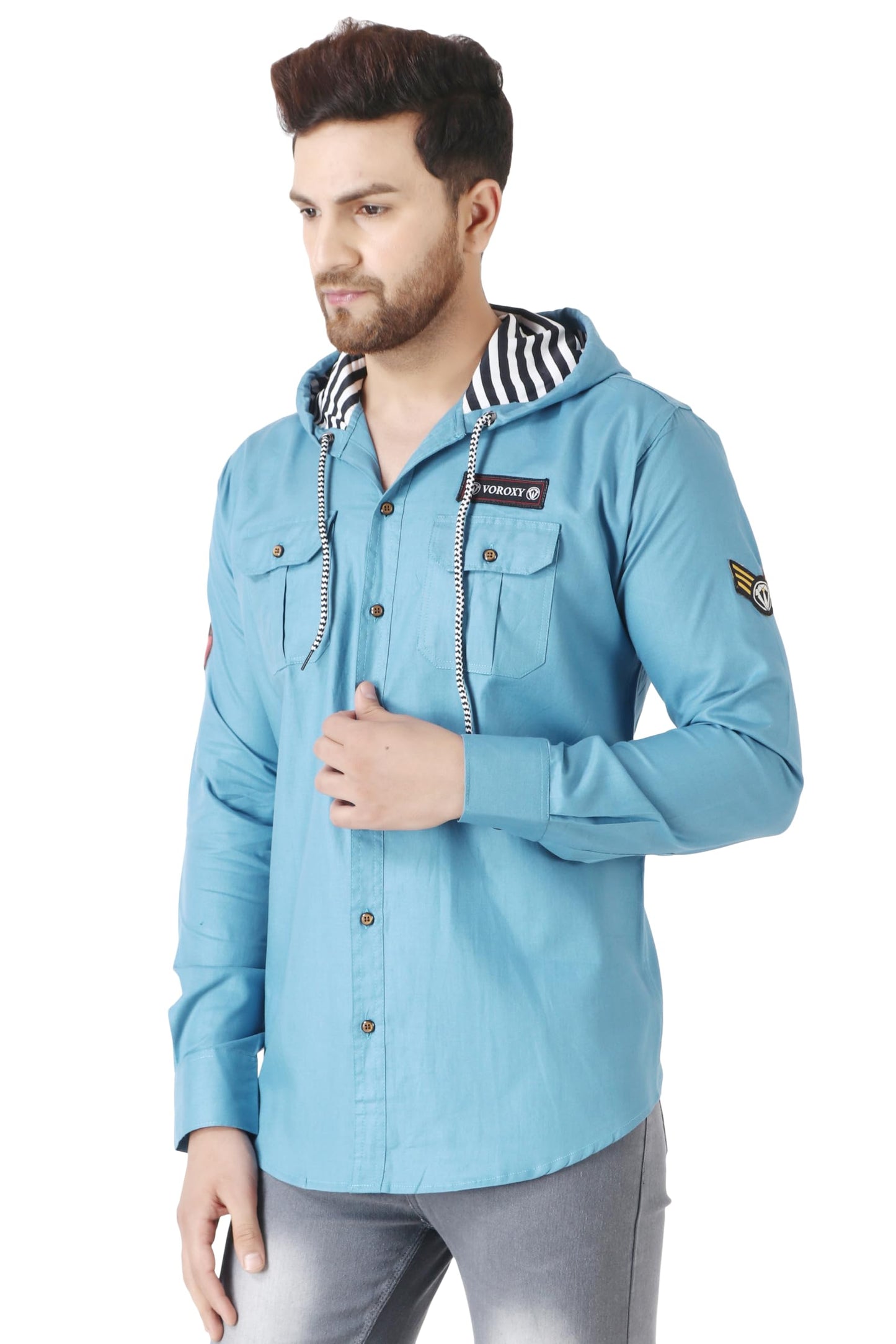 Besix MenS Blue Tailored Fit Cotton Blend Shirt For Man With Hoodie - Casual Long Sleeve Shirt With Pockets - Patch Detail For