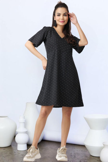 Popwi1Ngs Casual Printed V-Neck Short Sleeves Knee-Length Fit And Flare Dress For Women || Frokc-Style Summer Wear Dresses For W