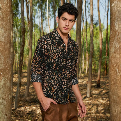 Campus Sutra Mens Yellow Ochre & Onyx Black Cheetah Imprint Shirt for Casual Wear | Spread Collar | Long Cuffed Sleeves | Butto
