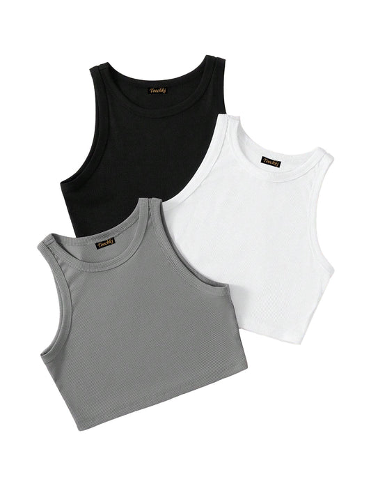 Toochki Top for Women | Spandex Crop Tops | Black White Beige Grey | Short | Western | Pack of 3 Combo
