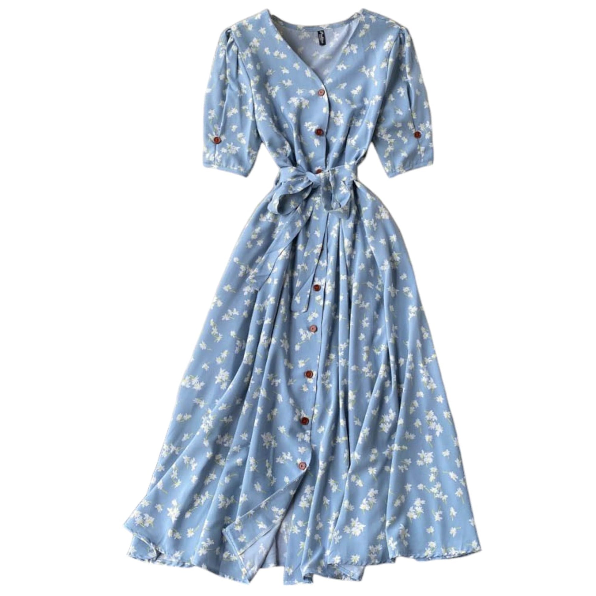Gufrina Dresses For Women Half Sleeve || Floral Print || V-Neck And Puff Sleeves || Front Open Button & Tie-Up || Midi Dress (Aq