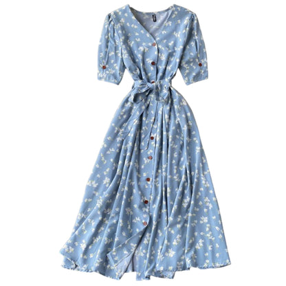 Gufrina Dresses For Women Half Sleeve || Floral Print || V-Neck And Puff Sleeves || Front Open Button & Tie-Up || Midi Dress (Aq