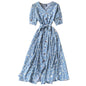 Gufrina Dresses For Women Half Sleeve || Floral Print || V-Neck And Puff Sleeves || Front Open Button & Tie-Up || Midi Dress (Aq