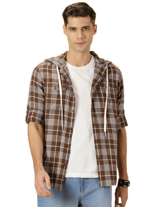 Thomas Scott Tartan Checked 100% Cotton Shirt Hoodie for Mens Brown