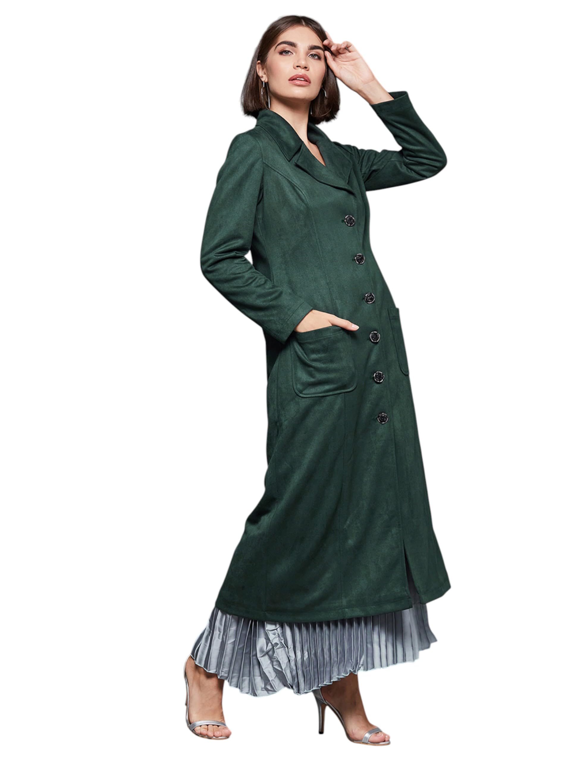 Miss Chase Womens V-Neck Patched Pocketed Button Down Longline Winter Wear Jacket (MCAW24JKT99-52-42-03, Dark Green, S)