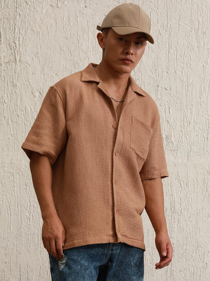Hubberholme Brown Cotton Spread Collar Short Sleeves Solid Oversized Shirts