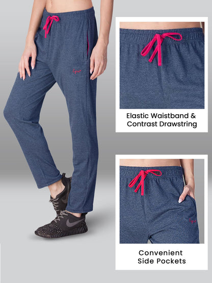 Lyra Womens Regular Fit Gym Track Pants With 2 Side Pockets 4 Way Stretchable Denim Blue