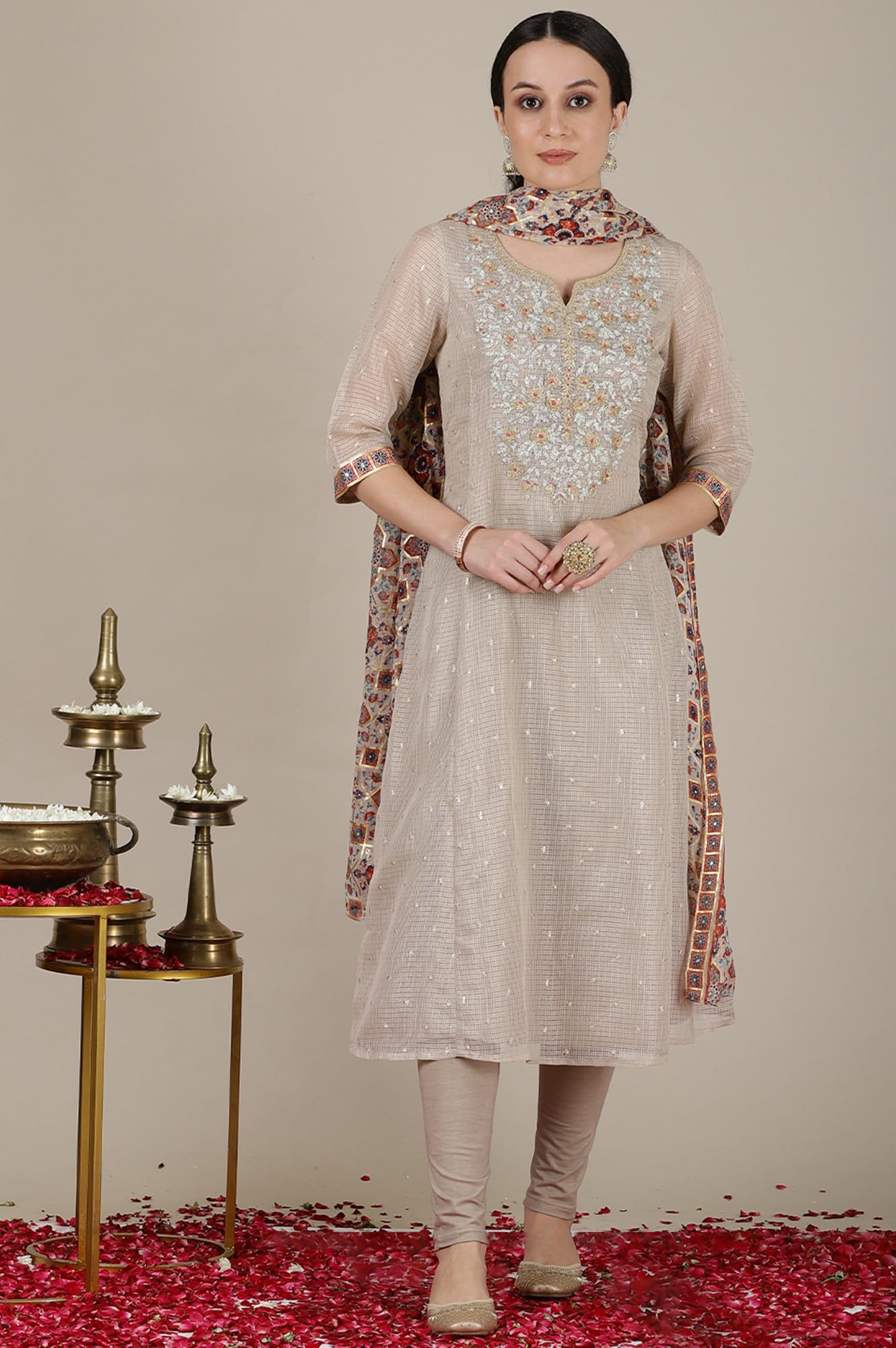 Aurelia WomenS Checked A-Line Kurta Set With Tights And Dupatta For Women