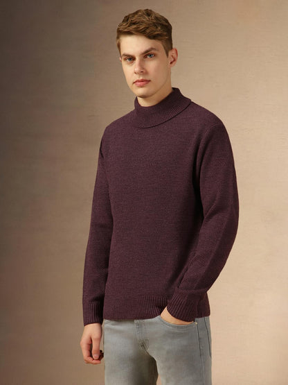 Dennis Lingo Men Purple Solid Slim Fit Full Sleeve Turtle Neck Pullover Sweater