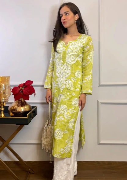 ANNI DESIGNER Women's Cotton Blend Straight Chikankari Embroidered Kurta (Zainab-Green_S_Green_Small)