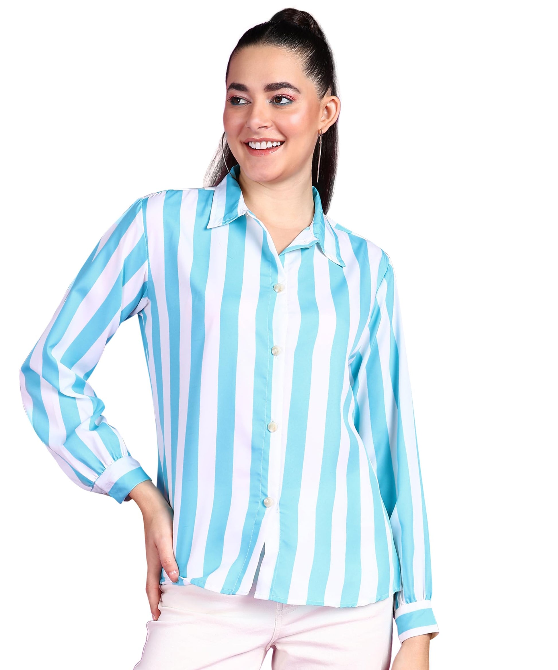 POPWINGS Stripe Printed Crepe Shirt for Women Stylish and Casual Regular Fit Full Sleeves Shirts Western for Women Shirt