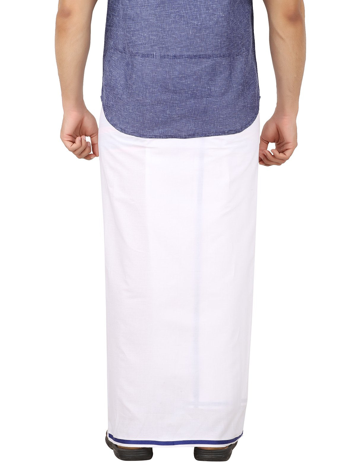 Prakasam Cotton -White Readymade Pocket Dhoti For Mens/Fine Quality White Readymade Dhoties For Mens- Navy Border