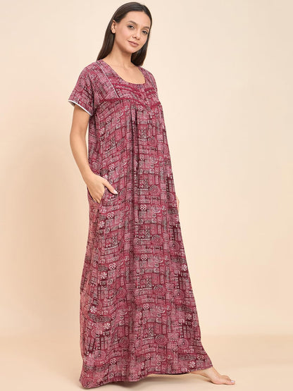 Sweet Dreams Women Printed Full Length Night Dress Maroon