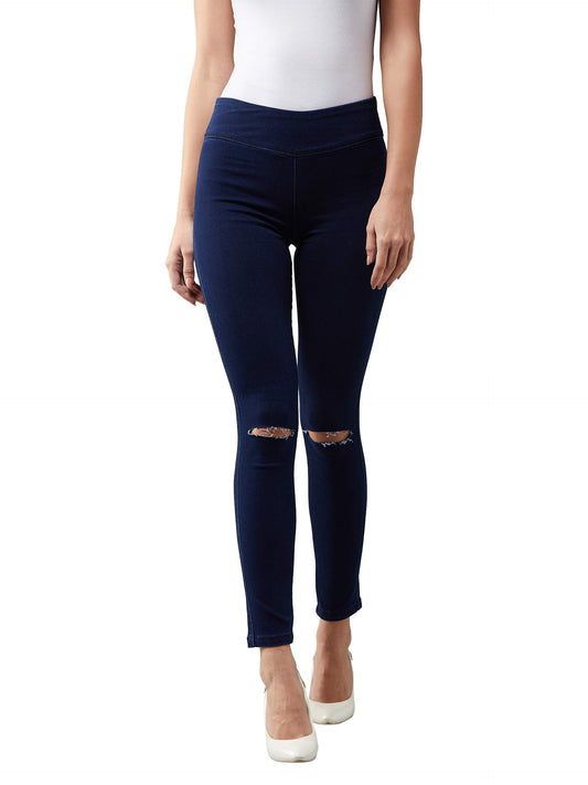 Dolce Crudo Womens Navy Blue Super Skinny Fit High Rise Clean Look Knee Slit Regular Length Stretchable Denim Jeggings(DOAW18DE