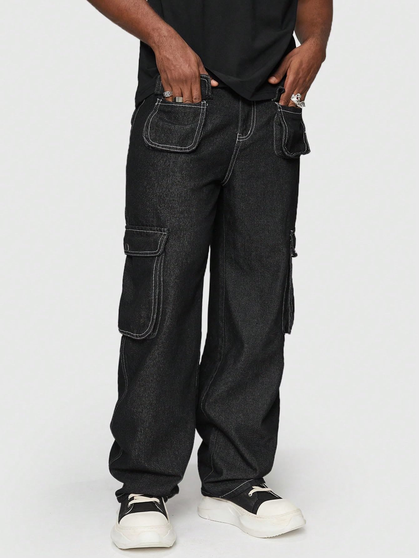 Kotty MenS Solid Mid Rise Straight Fit Stylish Looking Cargo Jeans(Black,30)