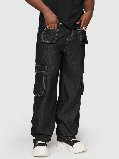 Kotty MenS Solid Mid Rise Straight Fit Stylish Looking Cargo Jeans(Black,36)