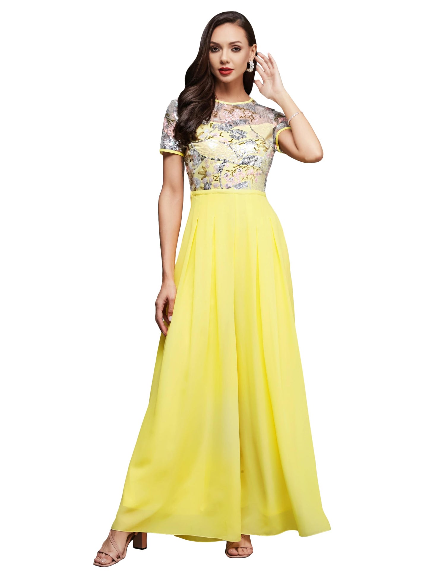 Miss Chase WomenS Round Neck Short Sleeve Floral Pleated Regular Length Georgette Jumpsuit With Pockets (Mcss23D15-85-164-06, M