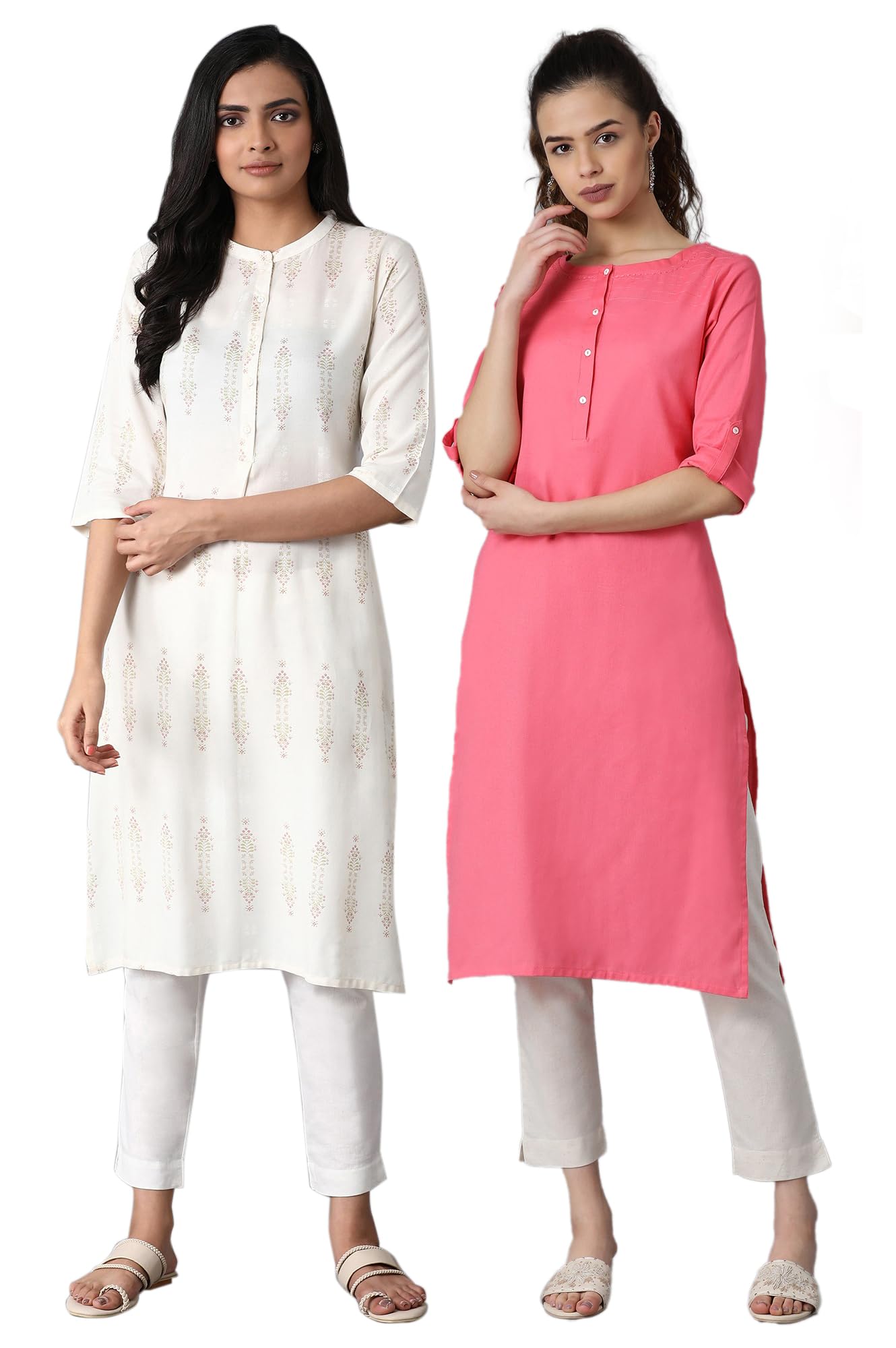 W for Woman Printed White Kurta and Pink Thread Work Kurta Combo