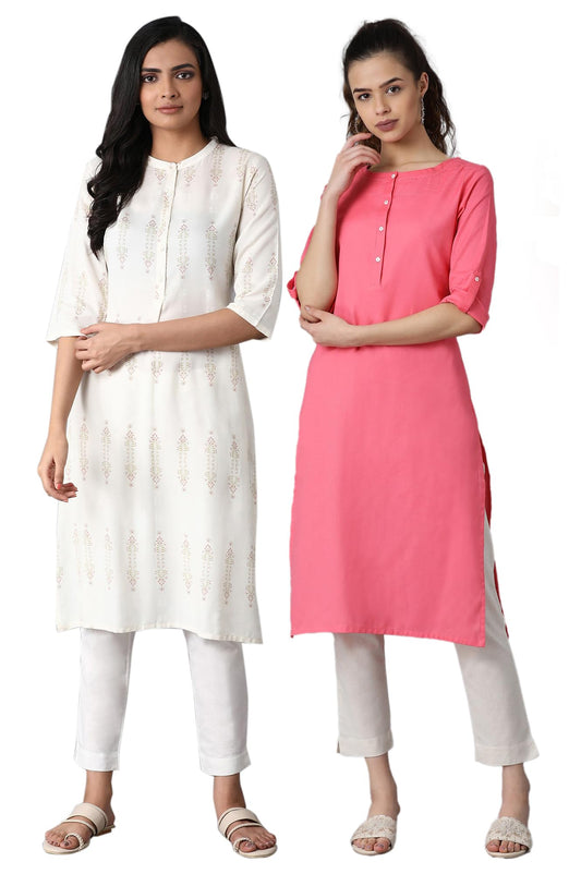 W for Woman Printed White Kurta and Pink Thread Work Kurta Combo
