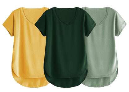 Fabricorn Combo Of Three Plain Bottle Green, Mustard Yellow And Sage Green V-Neck Up And Down Cotton Tshirt For Women (Bottle Gr