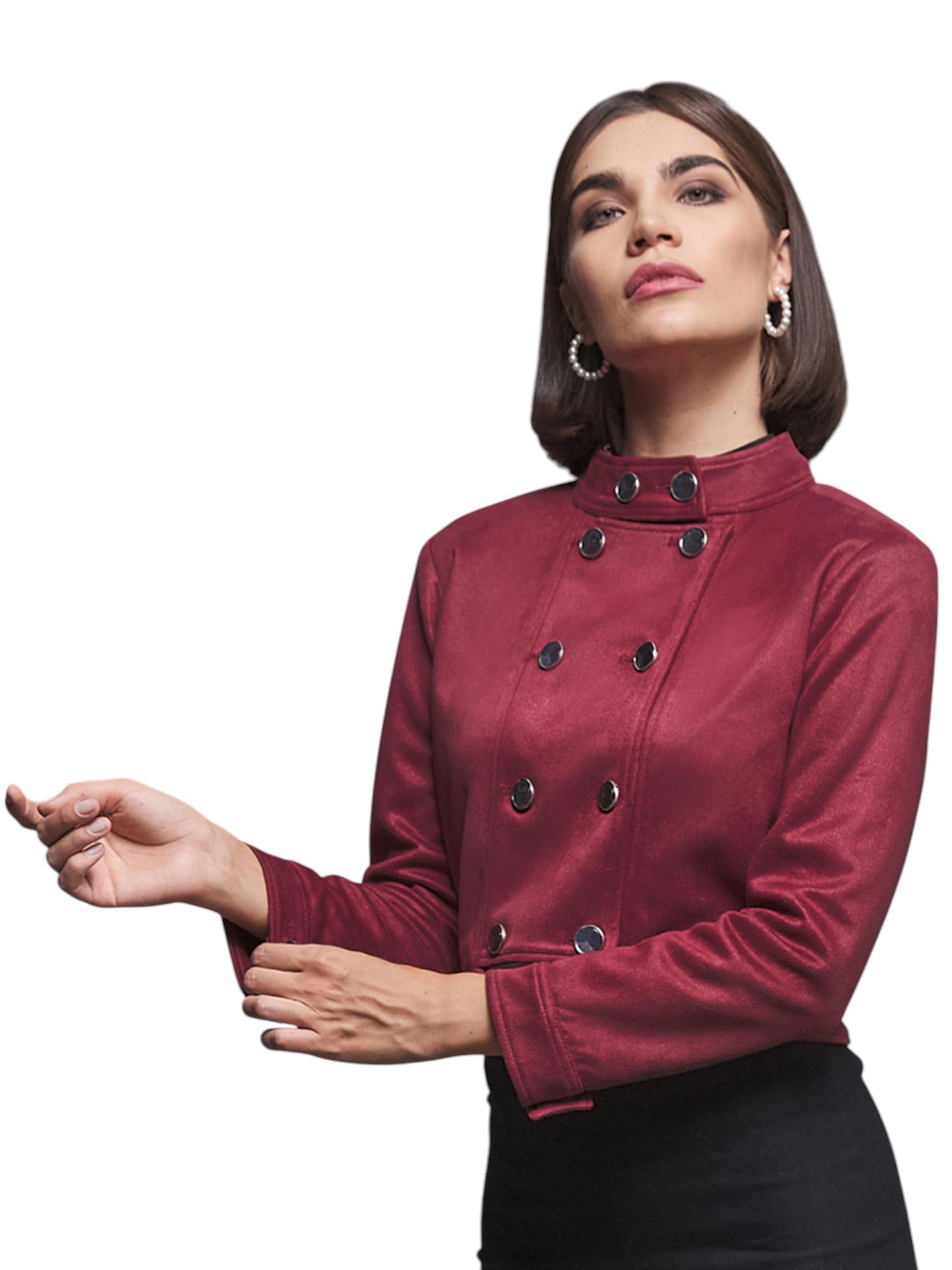Miss Chase WomenS Solid Mandarin Collar Full Sleeve Double Breasted Cropped Jacket (Mcaw24Jkt03-64-287-06, Dark Red, Xl)