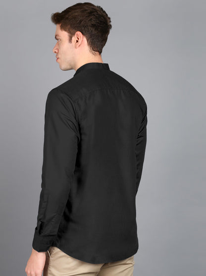 Mildin MenS Regular Cotton Blend Black Slim Fit Solid Button Down Mandarin Chinese Collar Full Sleeve Curved Hemline Casual Shi