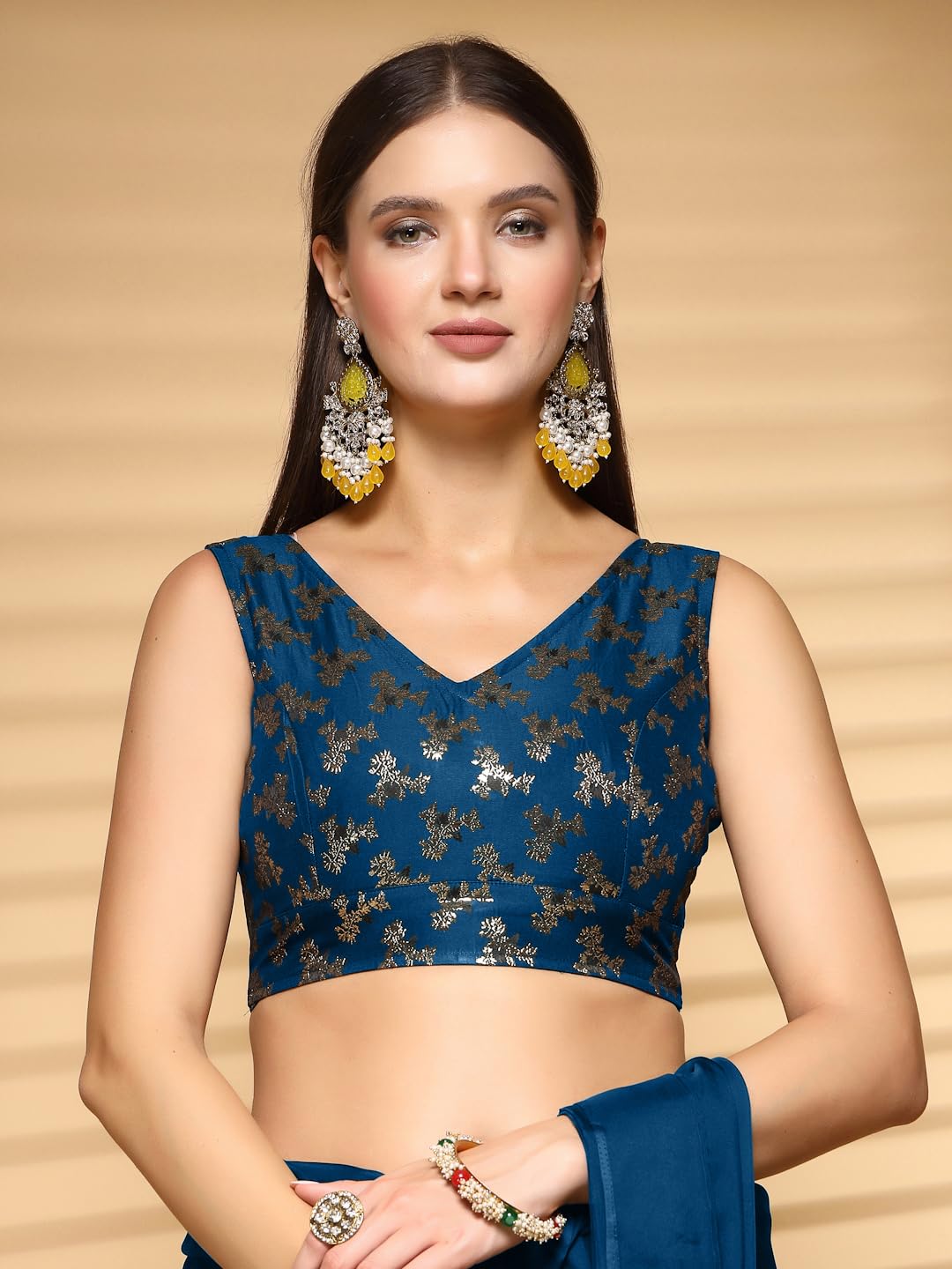 OOMPH! Readymade Blouse for Women, Brocade, Sleeveless, V-Neck, rbbl657