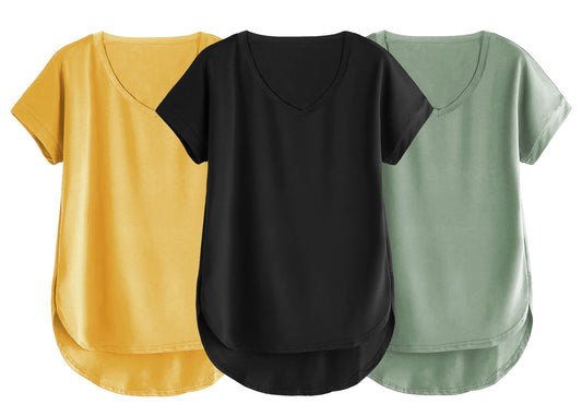 Fabricorn Combo Of Three Plain Black, Mustard Yellow And Sage Green V-Neck Up And Down Cotton Tshirt For Women (Black, Mustard Y