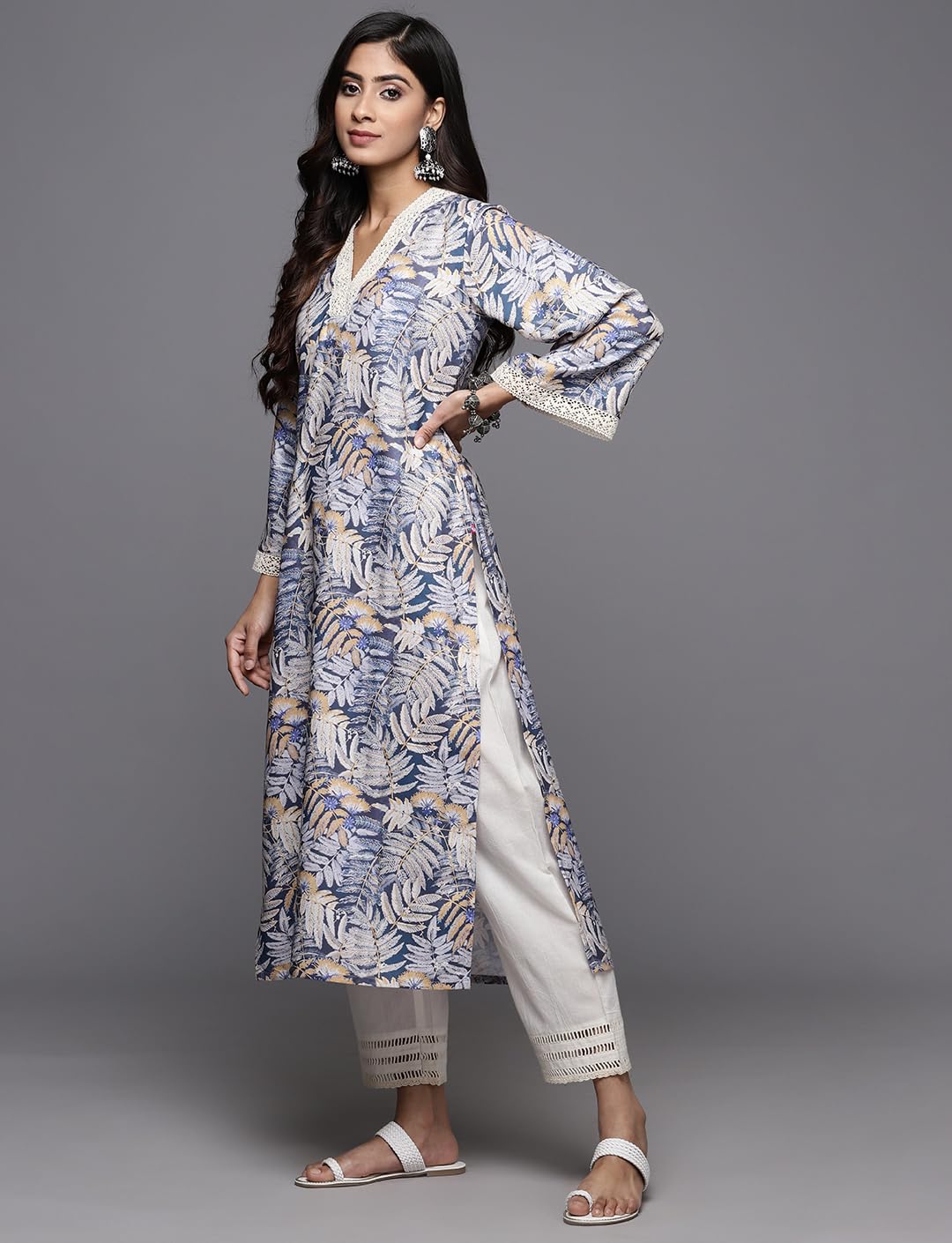 Blue Tropical Printed V-Neck with Cotton Lace, Three Quarter Flared Sleeves Straight Kurta with Side Slits