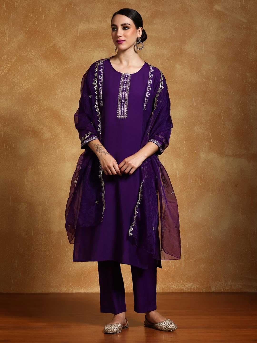 Varanga Women-Thread & Sequin Embroidered Yoke Kurta With Trouser & Scallop Dupatta