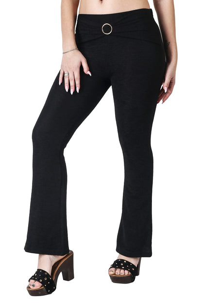 POPWINGS Solid Full-Length Polyester Regular-Fit Casual Bootcut Trouser Pants for Women for Casual Wear Black