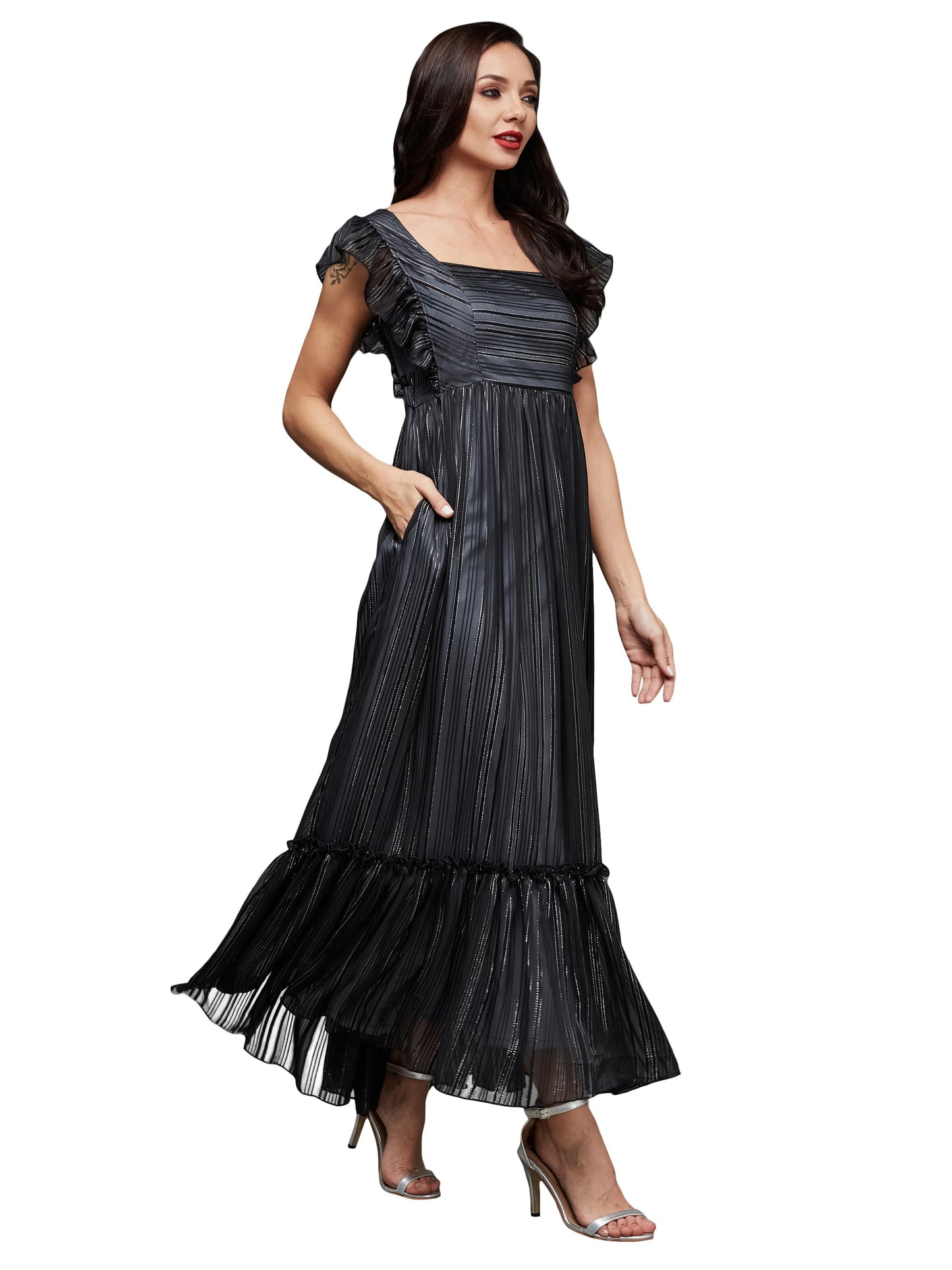 Miss Chase WomenS Square Neck Layered Ruffles Sleeve Floral Patterned Tiered With Pockets Maxi Georgette Dress (Mcss23D98-52-62