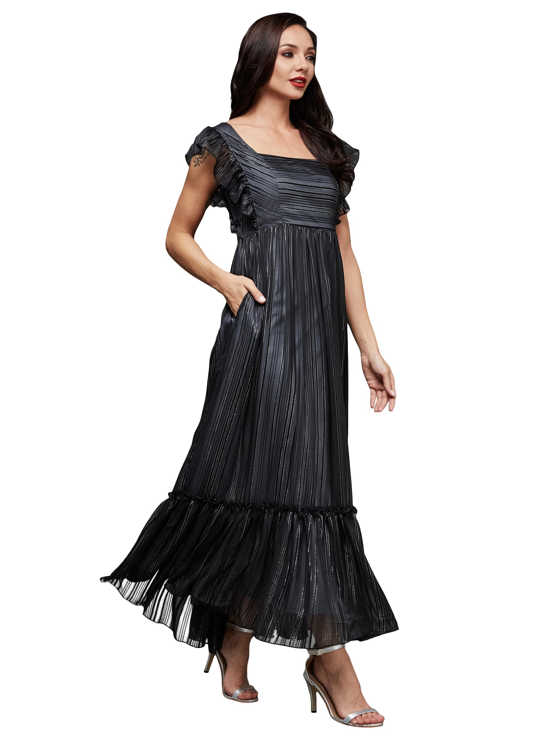 Miss Chase WomenS Square Neck Layered Ruffles Sleeve Floral Patterned Tiered With Pockets Maxi Georgette Dress (Mcss23D98-52-62