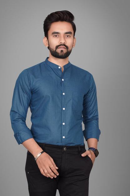 Besix MenS Cotton Solid Shirt With Mandarin Collared Full Sleeve Button Closure Curved Hem Straight Length And One Pocket | Mdr