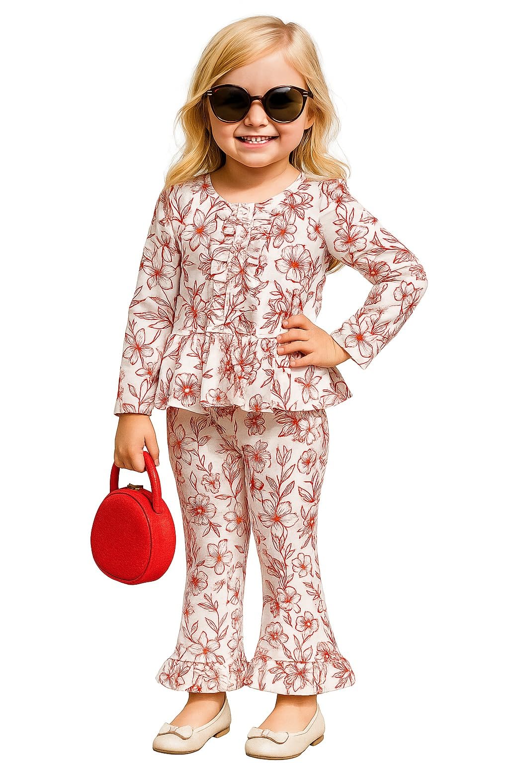 A.T.U.N. (ALL THINGS UBER NICE) Girls Red Floral Printed Long Sleeve Peplum Top and Ruffle Pants Set