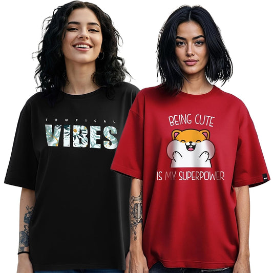 Bewakoof Pack Of 2 WomenS Graphic Printed Oversized Fit Half Sleeve Round Neck Pure Cotton T-Shirt_1500795_Black_Xl