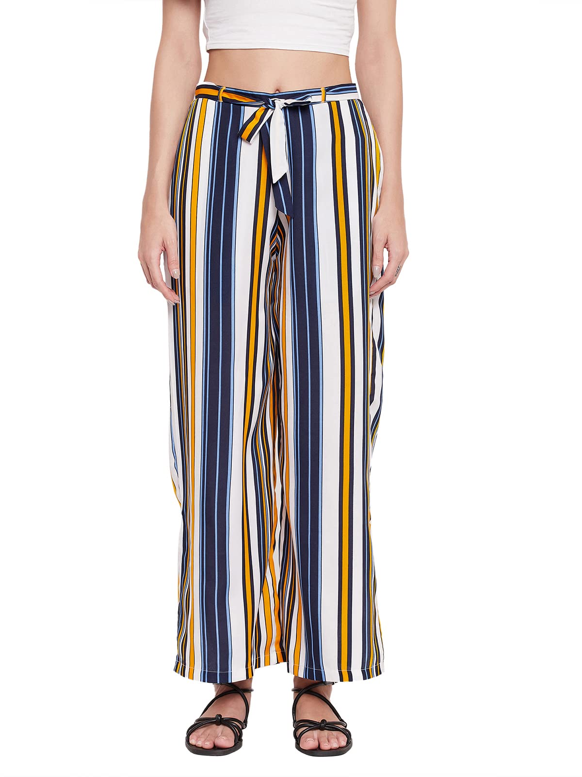 Clovia Womens Crepe Sassy Stripes Flared Pyjama with Side Slits (RW0042D02_Yellow_XXL)
