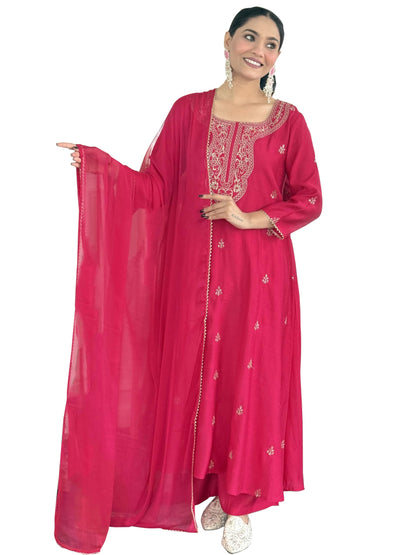 ANNI DESIGNER Womens Viscose Silk Embroidery Straight Kurta Pant with Dupatta (Qatar Pink_M_Pink_Medium)