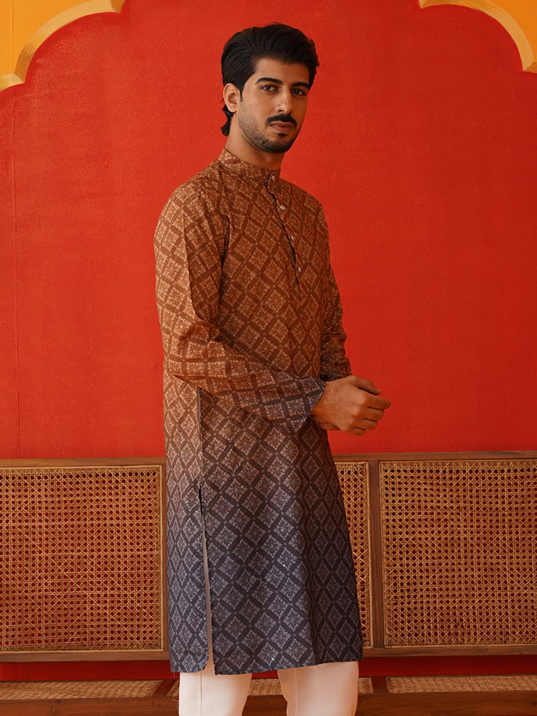 Jompers MenS Cotton Geometric Regular Kurtas (Ko_5074_Brown
