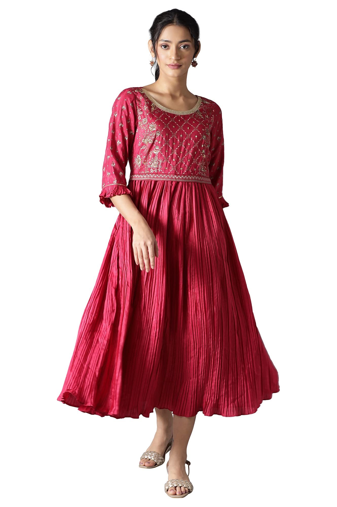 Aurelia WomenS Polyester Fit And Flare Knee-Length Casual Dress (22Fea13377-505394_Pink