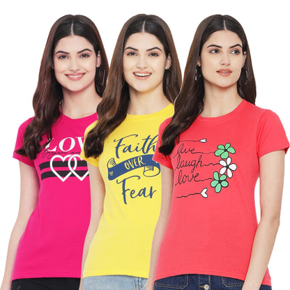 Preneum Womens Cotton Regular Fit Latest Graphic Stylish Printed Short Sleeves Casual T-Shirt || Trendy & Styles (Pack 3), Brig