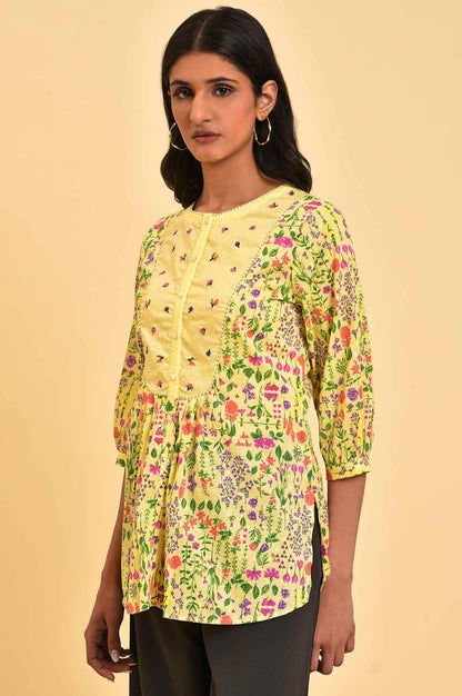 W For Woman Yellow Cotton Floral Printed Tunic Top With Thread Embroidery