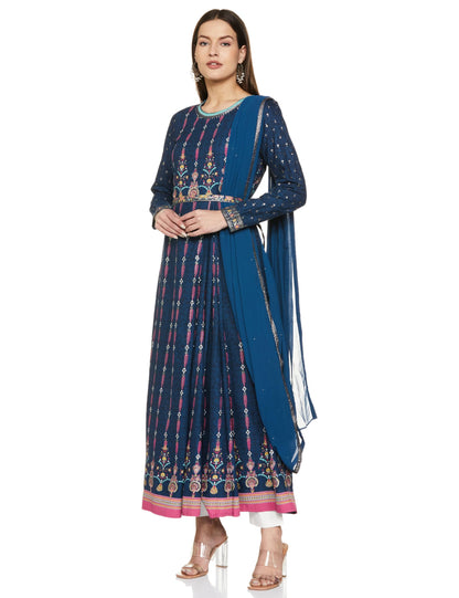 W For Woman Dark Blue Ethnic Motif Stylised Dress with Sequins