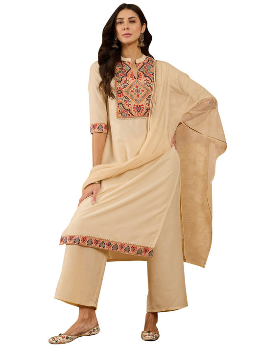 ZIYAA Art Silk Women's Cream Chinon Kurta,Palazzo Set with Dupatta