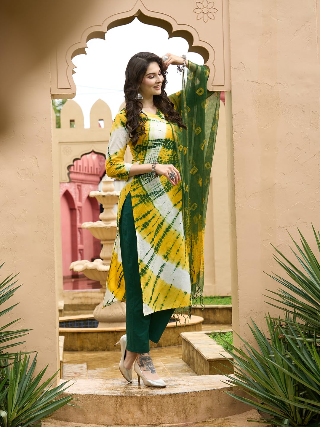 Gosriki WomenS Rayon Blend Straight Printed Kurta With Pant & Dupatta (Kerul Yellow-Gs_S_Yellow_Small)