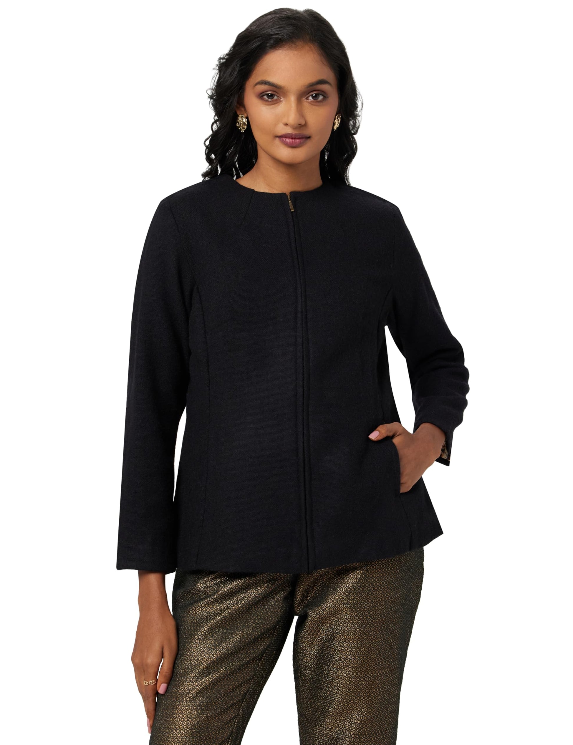 Fabindia Women Tweed Zipper Jacket Wool_Xs