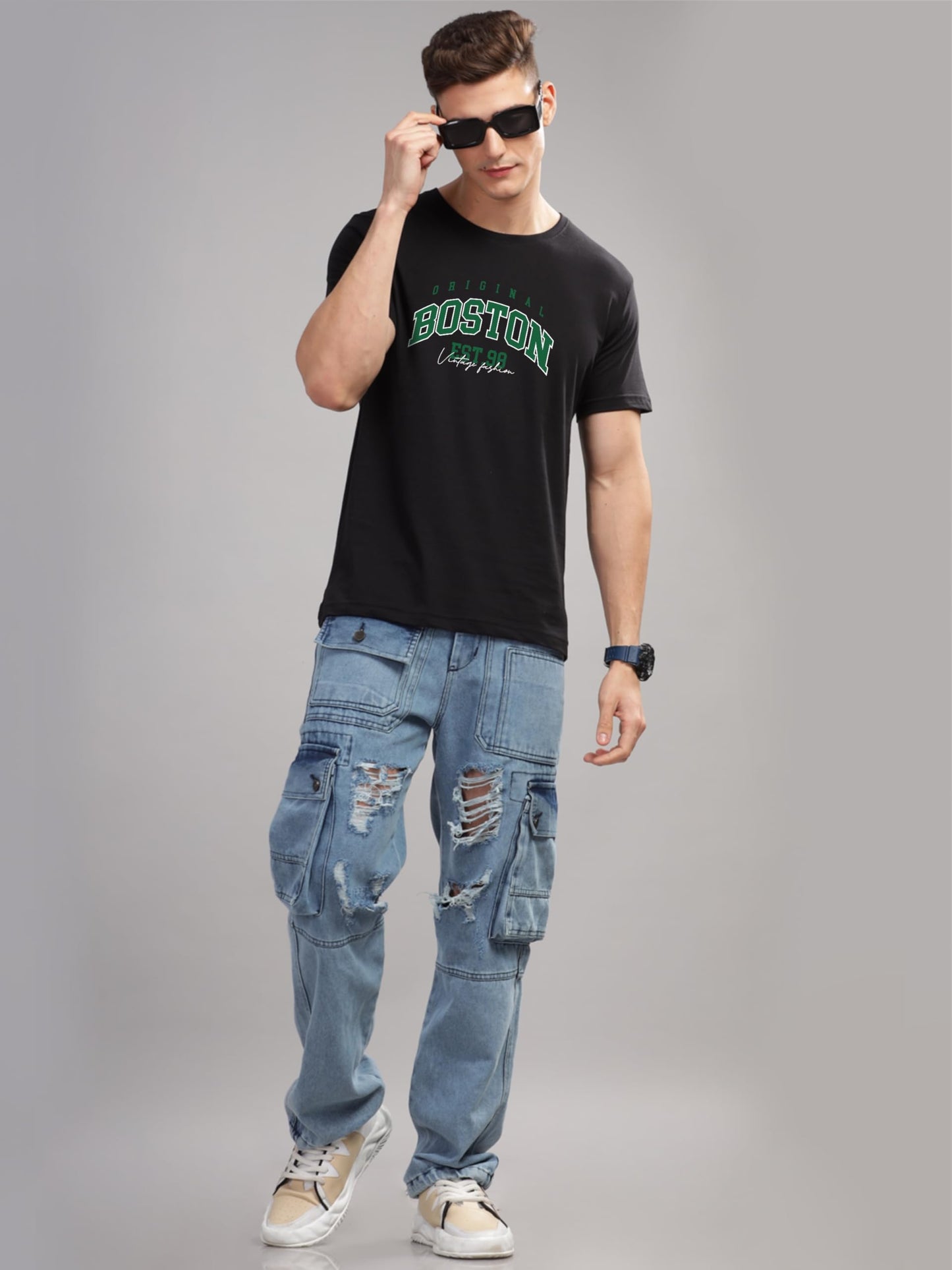 ADRO Mens Printed T Shirt - Premium Cotton Graphic Printed Tshirt - Black T-Shirt - RN24-BOST-BL